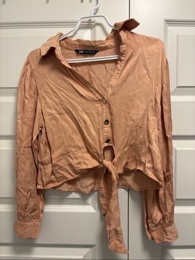 Zara Peach Tie-Front Button Blouse